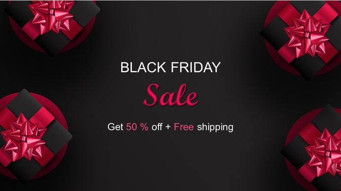 Black Friday sale slide with red gift boxes in corners, bold sale text, and offer of 50% off plus free shipping.