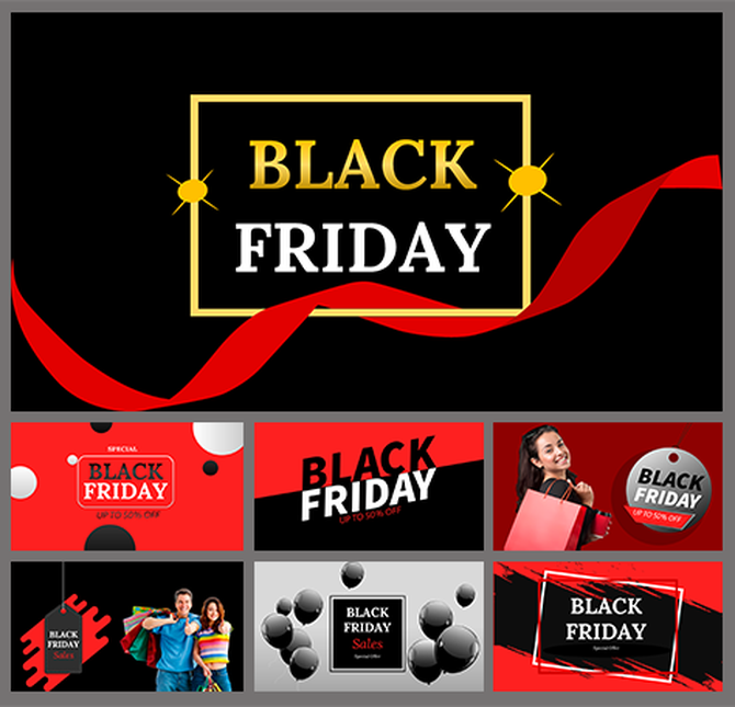 Black friday slide deck with promotional banners, people shopping, and geometric shapes, in red, black, and gold accents.