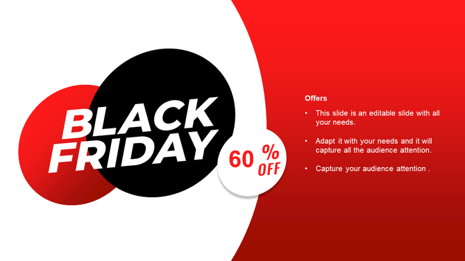 Black Friday sale slide with overlapping red and black circles, 60% off badge, and three offer points on the right.