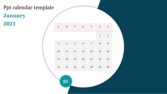 Calendar template for January, with a circular design showing grid layout, and red day labels, on a teal backdrop.