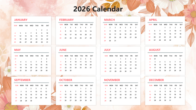 Free 2026 PowerPoint calendar with twelve monthly grids on a soft peach floral background layout. design theme.