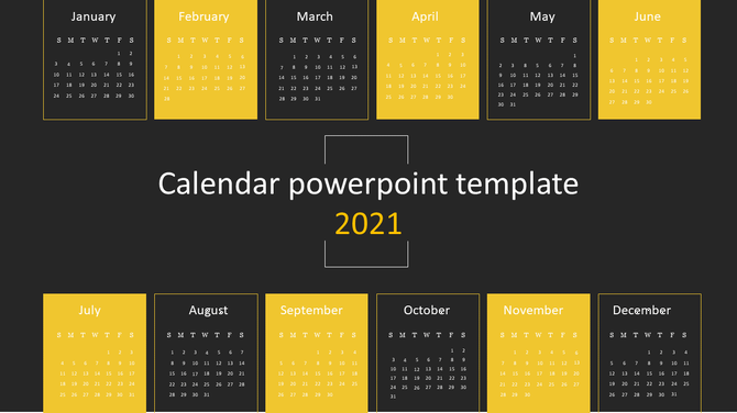 Calendar template with yellow and black blocks showing months, with a central title, on a dark background.