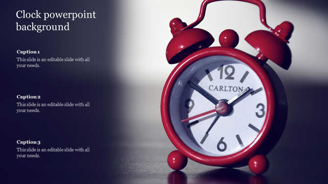 Minimalist template featuring a bright red vintage Carlton alarm clock against a dark navy background with caption areas. 