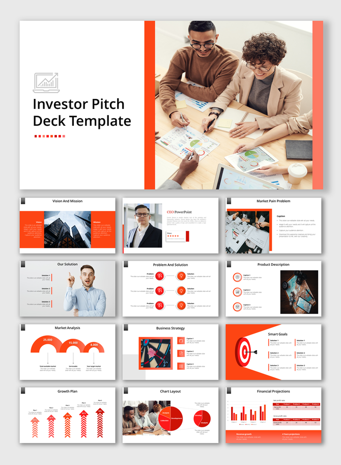 Investor pitch deck PPT featuring professional slides for business strategy, market analysis, and financial projections.