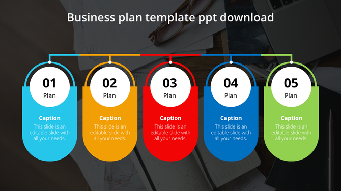 Business plan slide with five colored elements numbered 01-05, each containing caption areas, set against a workspace.