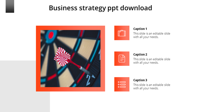 Business strategy template featuring a dartboard with red and white dart in bullseye, framed by orange border.
