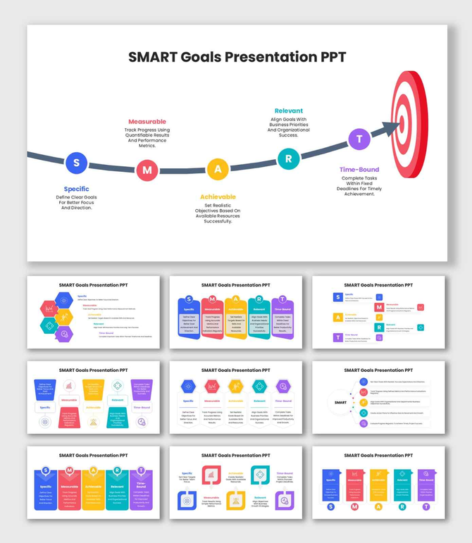 The SMART Goals presentation slide showing colorful milestone path, target board, and strategic planning flow.