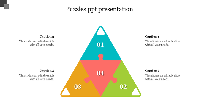 Colorful puzzle shaped triangle with four numbered pieces in teal, green, yellow, and orange, representing captions.