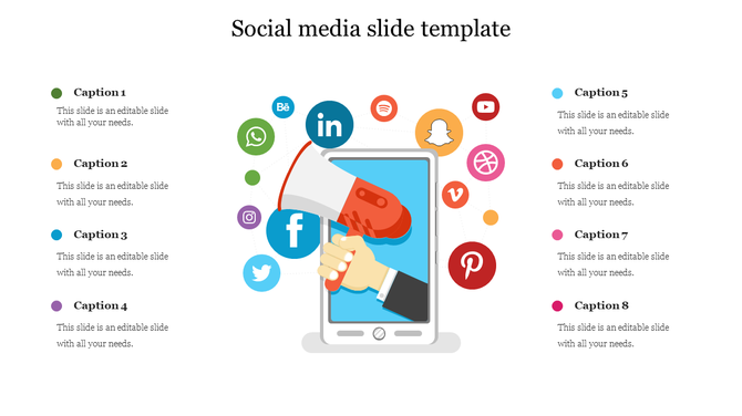 Social media PowerPoint template with a smartphone, megaphone, and various social media icons surrounding the device.