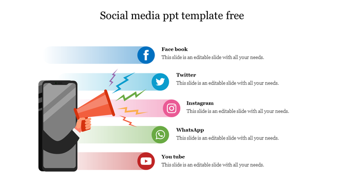 Social media PPT slide featuring a smartphone with a megaphone amplifying messages with icons and placeholder text.