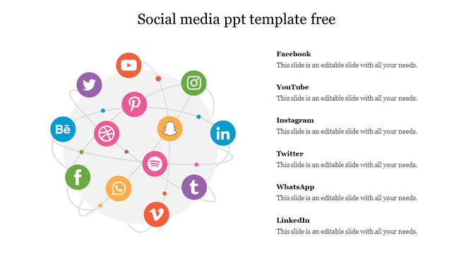 A colorful social media infographic with icons arranged in a network pattern, displaying platforms with text details aligned.