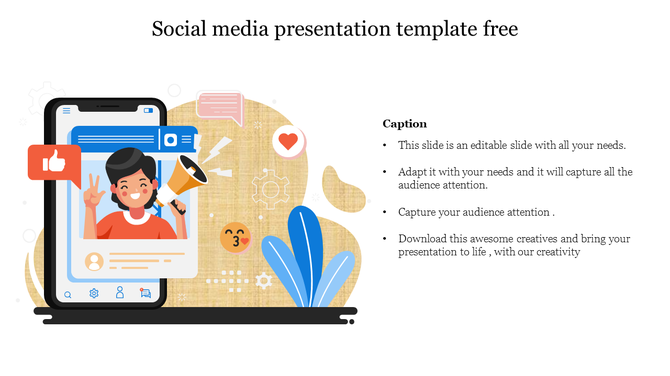 Illustrated social media PPT slide featuring a smartphone with a user holding a megaphone and engagement icons with captions.