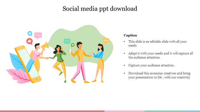 Creative slide with social media interaction symbols and characters holding a phone and megaphone with captions.