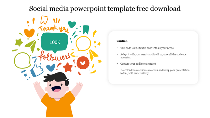 Social media slide with illustrated person celebrating 100K followers, surrounded by icons, and caption box on the right.