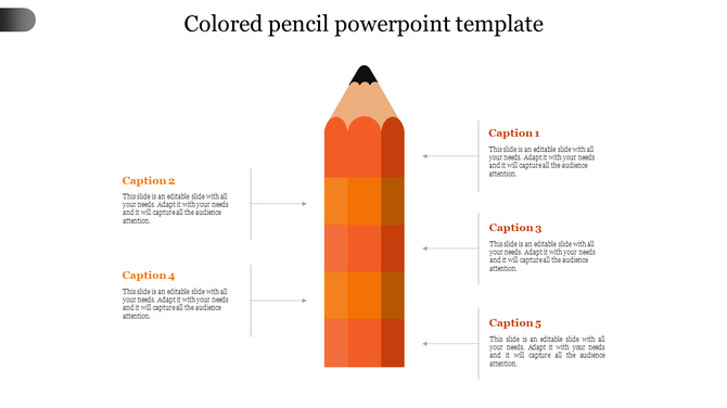 Vertical colored pencil graphic with five horizontal captions, three on the right and two on the left, connected by arrows.