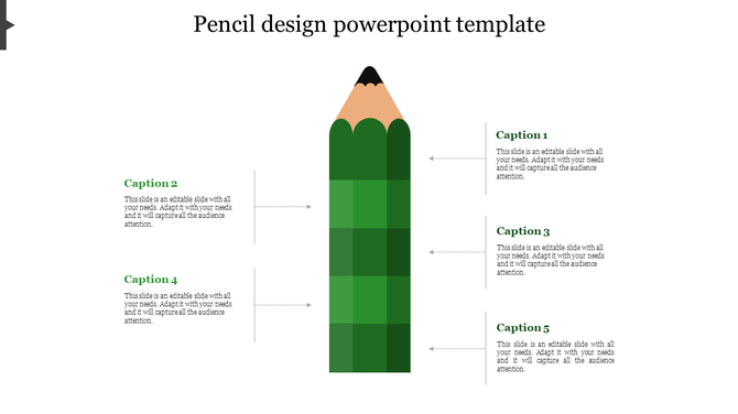 Slide featuring a central green pencil design divided into five evenly spaced rectangular text areas around it.