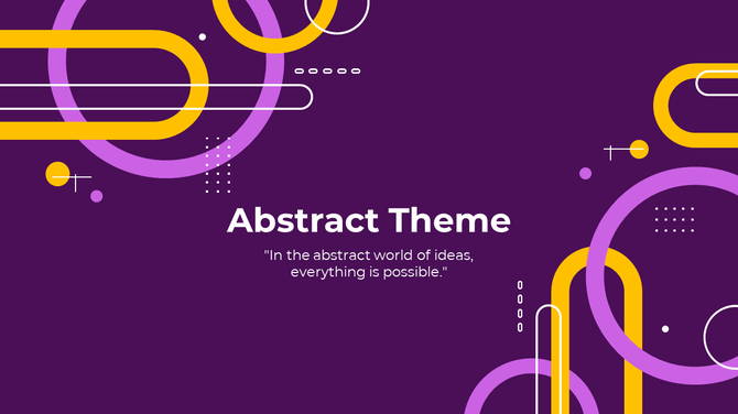 Abstract design with yellow, and pink shapes including circles and lines, placed on a deep purple background.