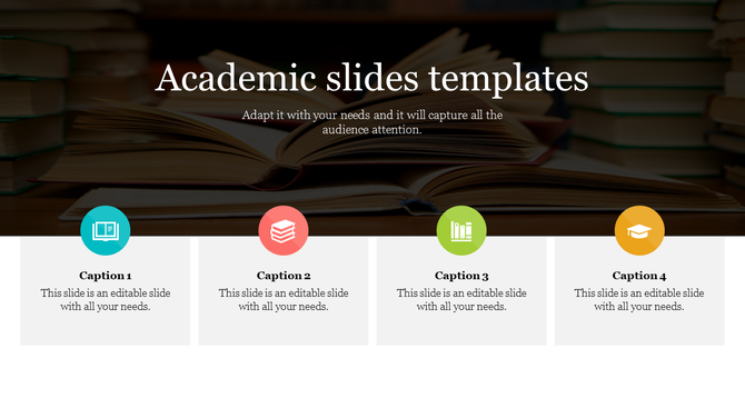 Academic slide featuring an open book background and four sections for captions and icons.