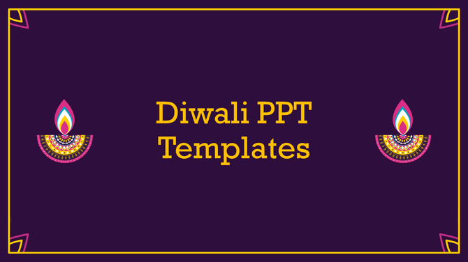 Diwali PowerPoint template with a decorative lamp and a purple background featuring golden text.