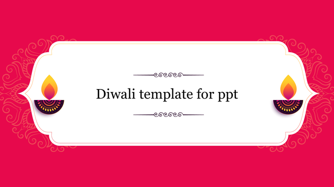 Diwali slide with decorative diya lamps on both sides of the central white text box, set against a vibrant pink background.