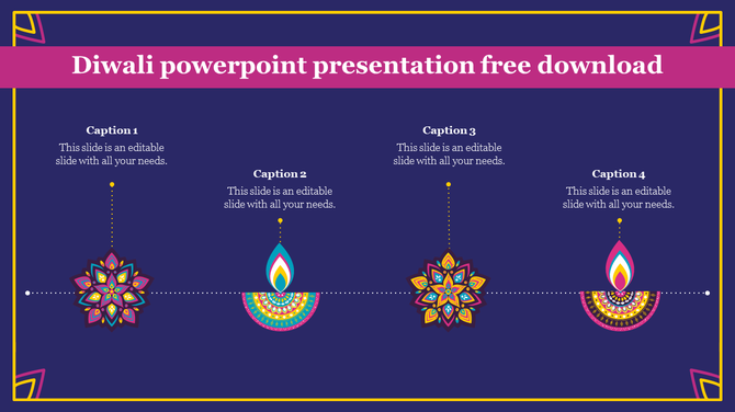 Diwali PowerPoint slide with four decorative icons and captions on a purple background for a festive presentation.