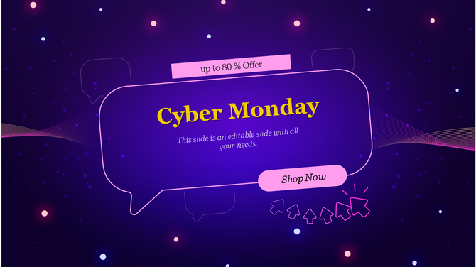 Vibrant purple background with floating speech bubble shapes, featuring cyber monday text and a shop now button.