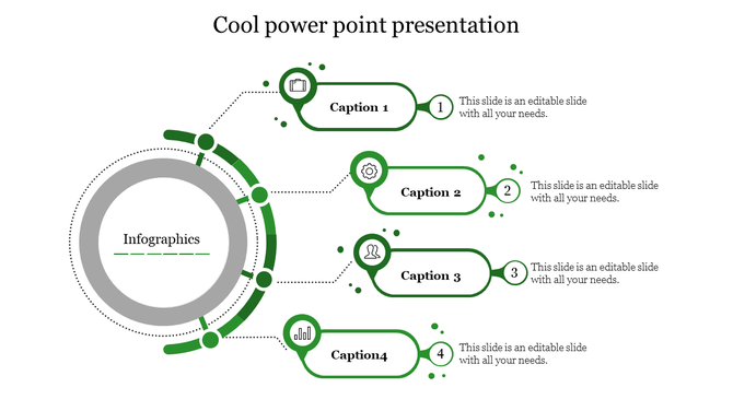 Infographic cool layout with a central circle and four green connectors leading to labeled captions with icons.