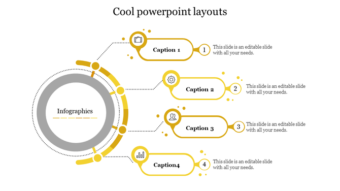 Infographic style layout with four caption boxes linked to a central gray circle, decorated with yellow elements.