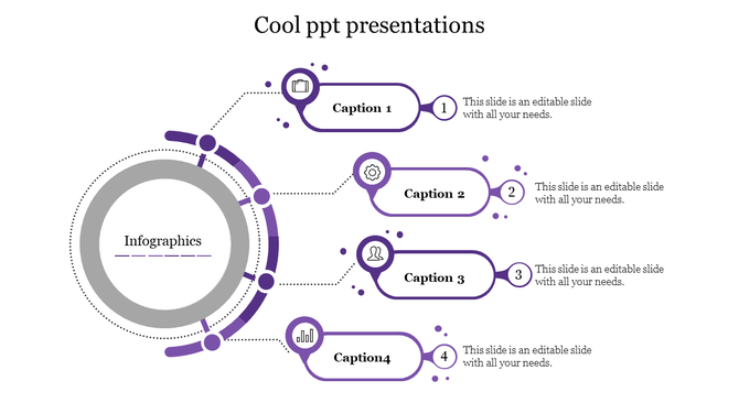  Cool design showing four labeled sections connected to a circular hub, with each section displaying a icon and number.