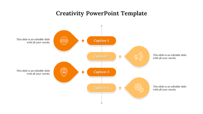 Creativity slide featuring four captions with icons in orange bubbles, arranged in a central vertical flow.