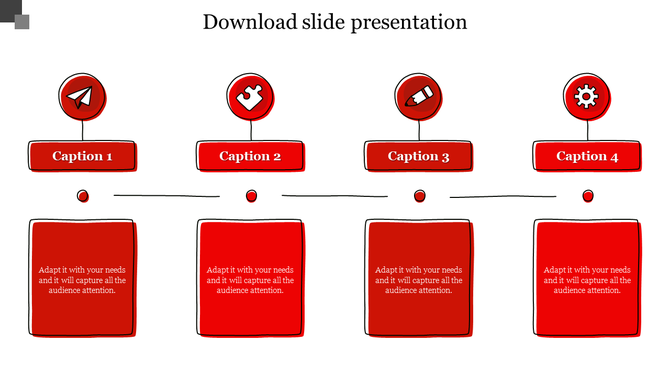 Four-step horizontal layout with red icons and captions, each followed by a block of placeholder text beneath.