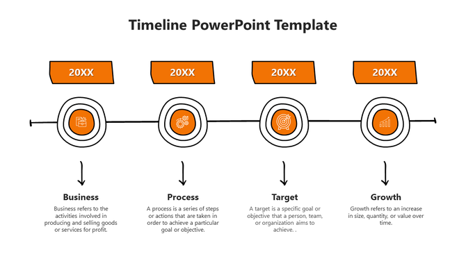 Horizontal timeline template featuring icons inside orange circular elements, with milestones and descriptions below.