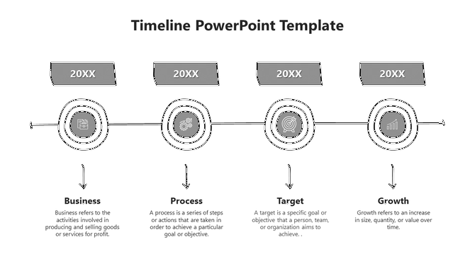 Linear timeline design featuring four connected points, each labeled with 20XX and captions areas below icons.