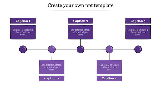 Create your own PowerPoint template design with five purple boxes connected by a horizontal line and circular nodes.