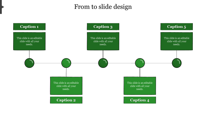 Flow chart design with alternating green boxes, connected by circular nodes on a straight line with caption areas.