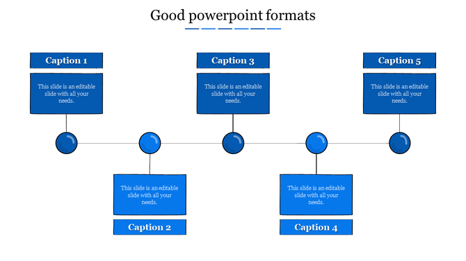 Simple blue design with five caption blocks, each connected by blue circles and dotted lines in between.