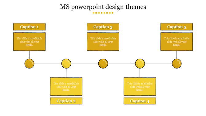 MS PowerPoint design themes slide with five yellow text boxes connected by circular nodes and a central horizontal line.