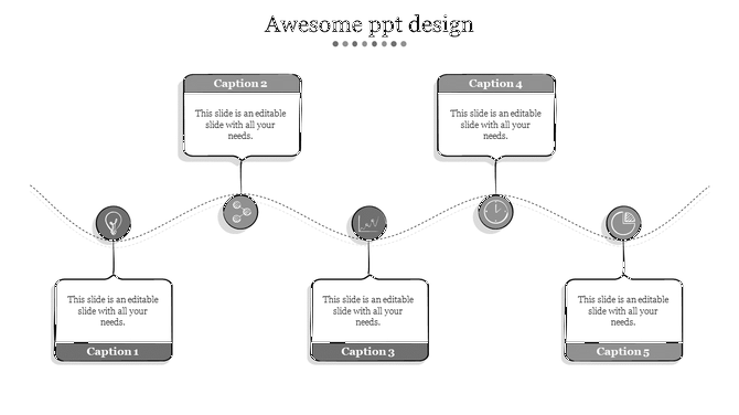 Awesome ppt design title above five labeled points, each connected to editable white text boxes with dark headers.