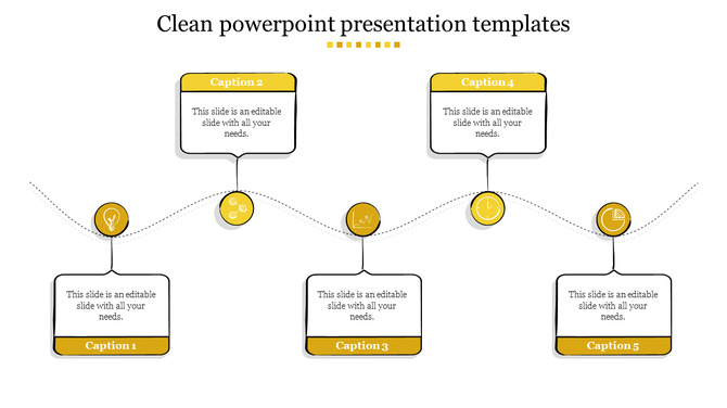 Yellow themed slide with five captions paired with icons, and curved connecting lines on a white background.