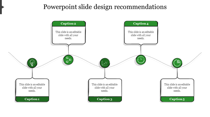 Slide layout featuring a sequence of linked text boxes with green icons, offering design recommendations and caption areas.