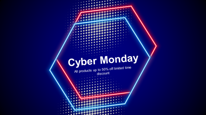 Cyber Monday sale PowerPoint template with a glowing hexagonal neon frame and dotted gradient background.