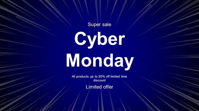 Cyber Monday sale banner with bold white text on a dark blue background and radial speed lines creating a dynamic effect.