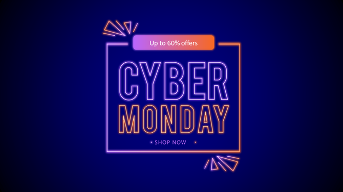 Vibrant blue background with cyber monday text framed by neon purple and orange lights, promoting offers.
