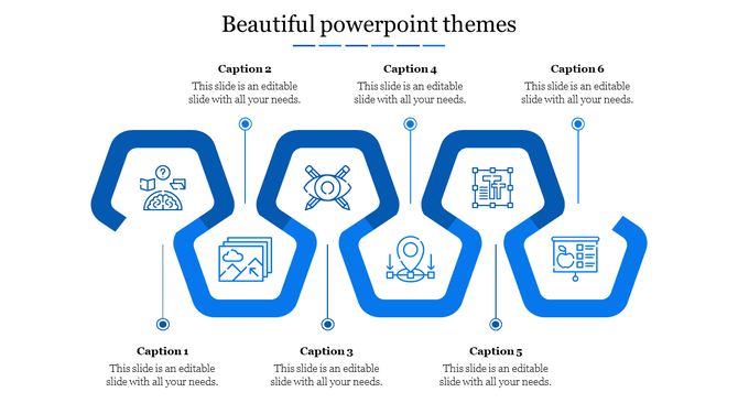 Modern PowerPoint slide with a wavy blue hexagon shape featuring six steps and icons with captions on a white backdrop.
