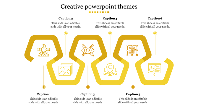 Creative yellow zigzag flowchart with six outlined icons in boxes, alternating caption placements above and below each.