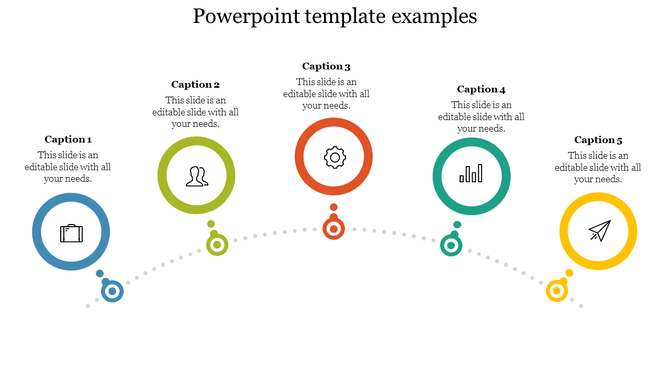 Curved timeline with five icons in blue, green, red, teal, and yellow, each labeled with captions and dotted connectors.