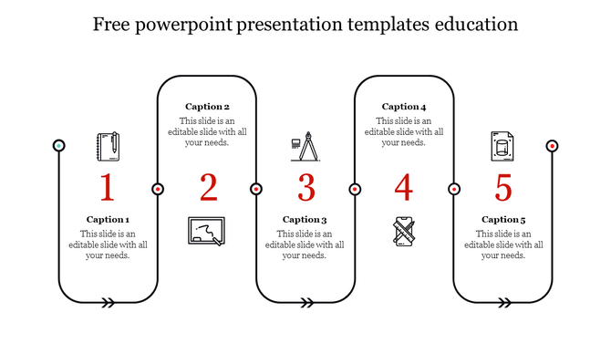 Minimalist educational PowerPoint template featuring a five step with icons and captions on a white backdrop.