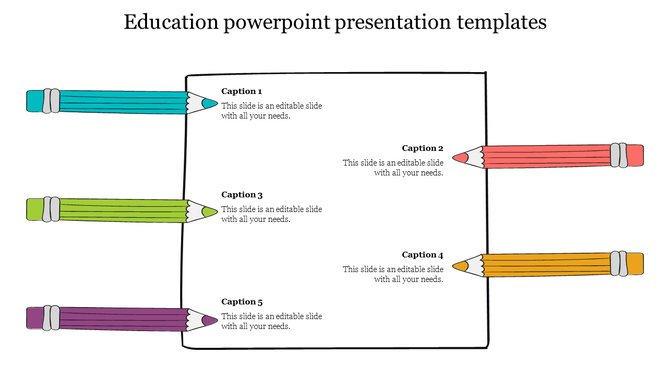 Educational layout with blue, red, green, yellow, and purple pencil  left and right, pointing to five placeholder text areas.