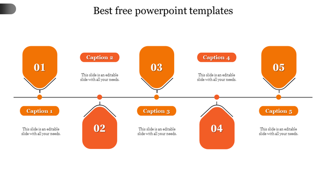 Orange themed slide showing five numbered pentagon shapes, each linked to captions, forming a sequential layout.