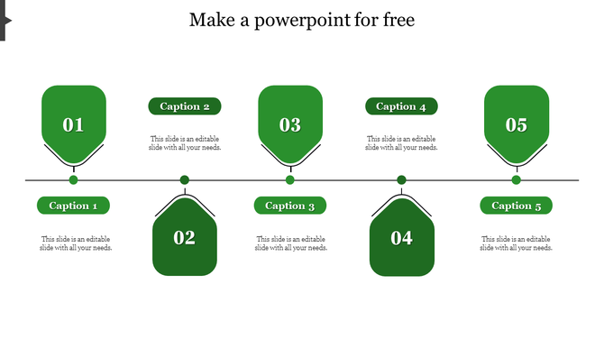 How to make a PowerPoint with horizontal green timeline with shield shapes, a central line, and alternating caption boxes.